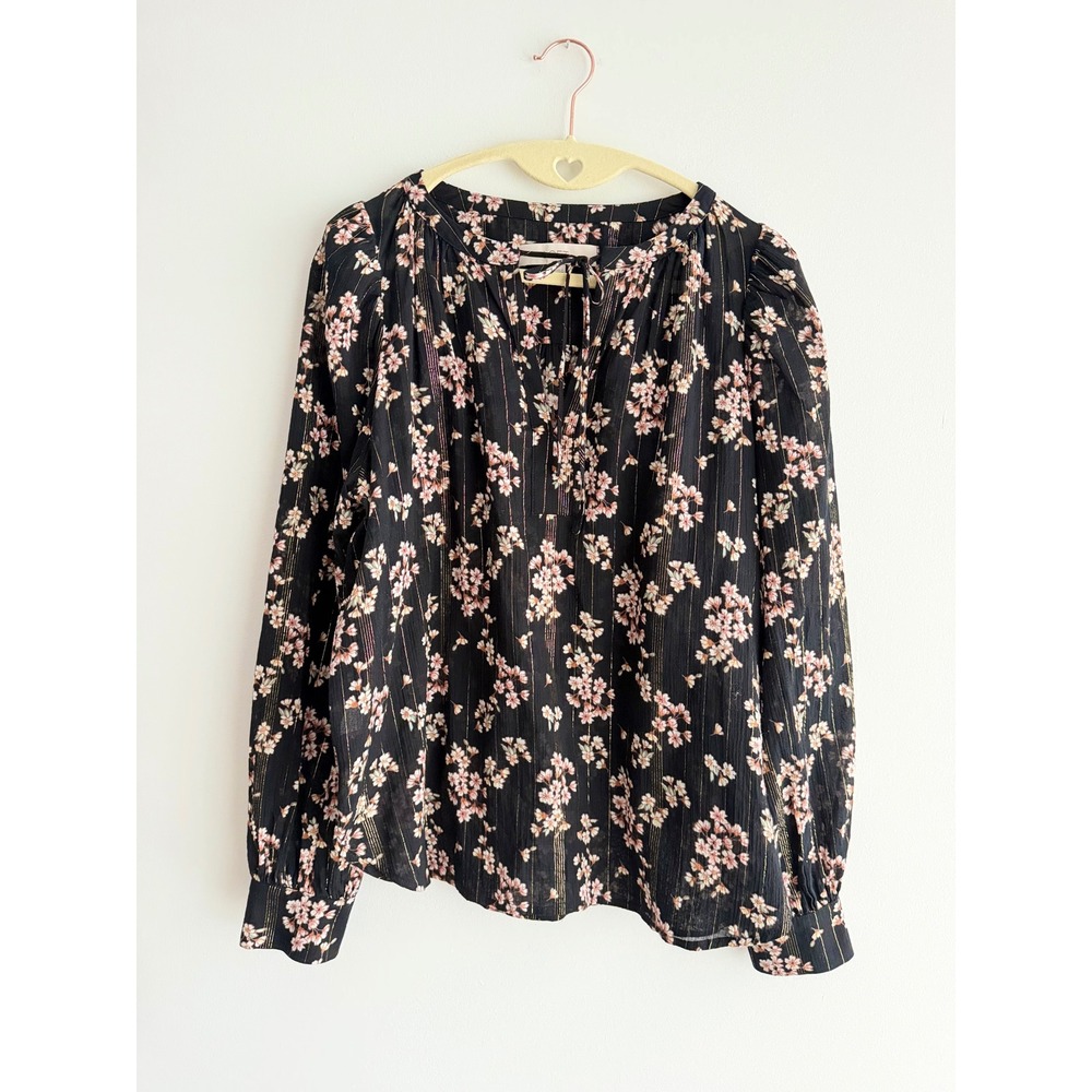 LOFT Black Pink Floral Metallic Gold Stripe Split Neck Tie Blouse Whimsigoth SM